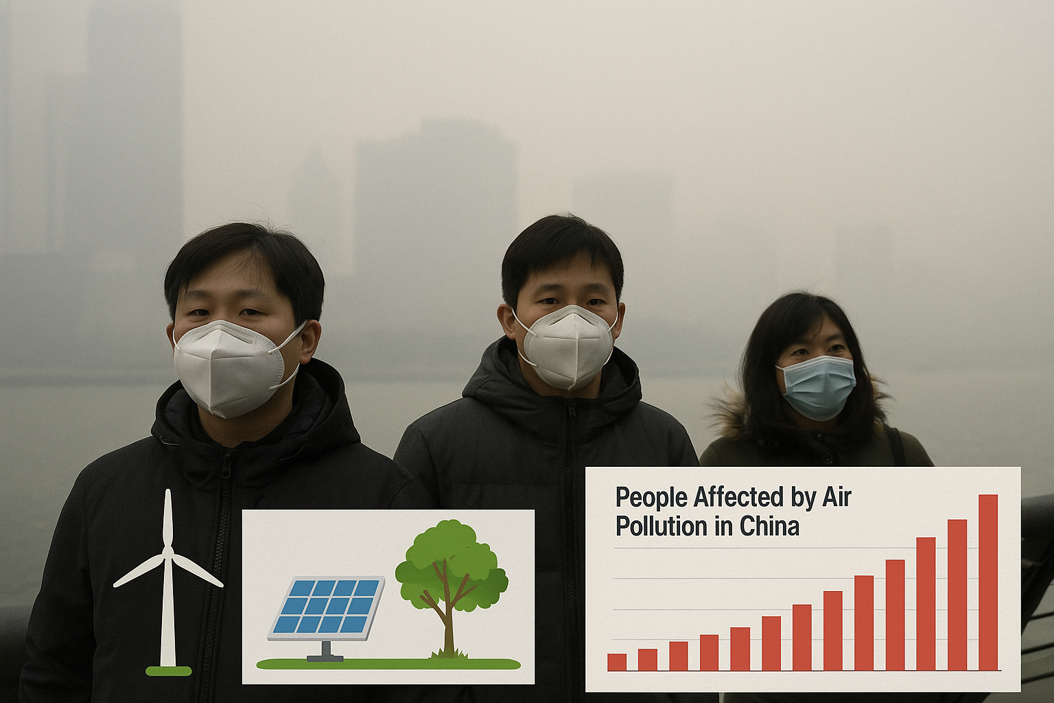 Three people wearing masks in a dusty place with graphs